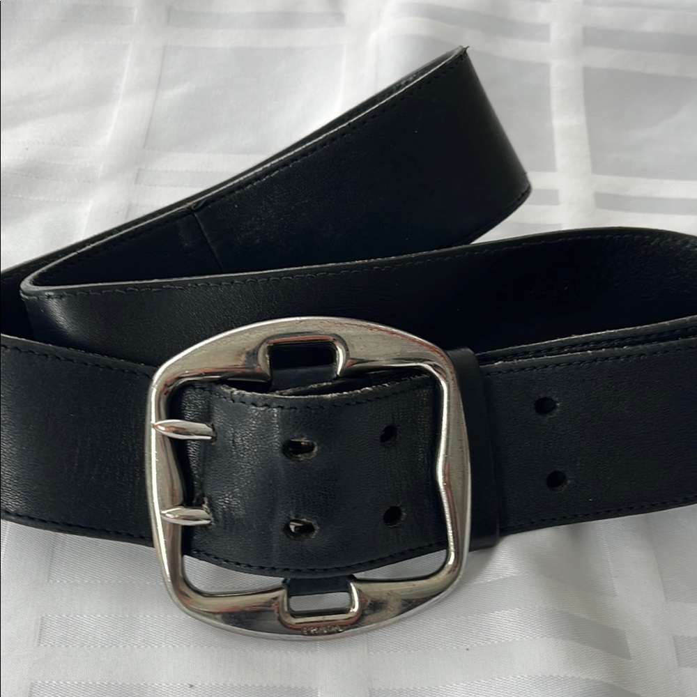 PRADA wide black leather belt with stunning large silver buckle